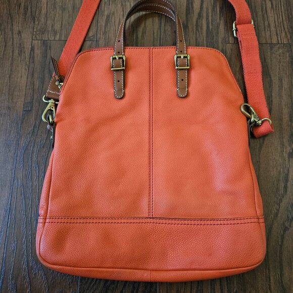 Fossil Explorer Orange Leather Foldover Crossbody Tote Shoulder Bag - Picture 7 of 14